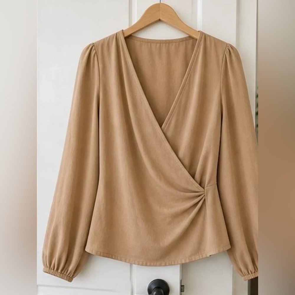 women's wrap-front blouse in tan